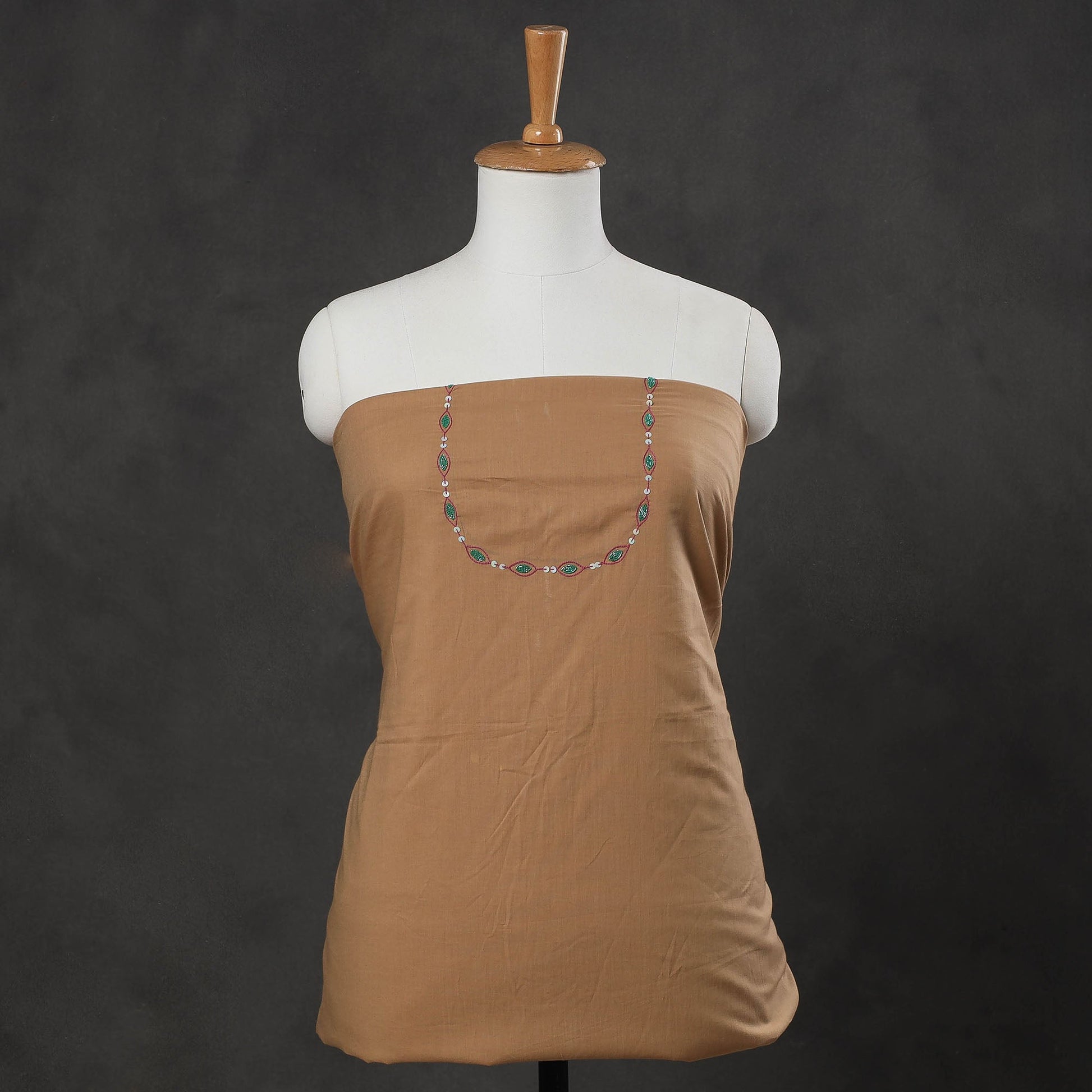 Brown - Hand Embroidery Plain Cotton Kurta Material - 3 Meter