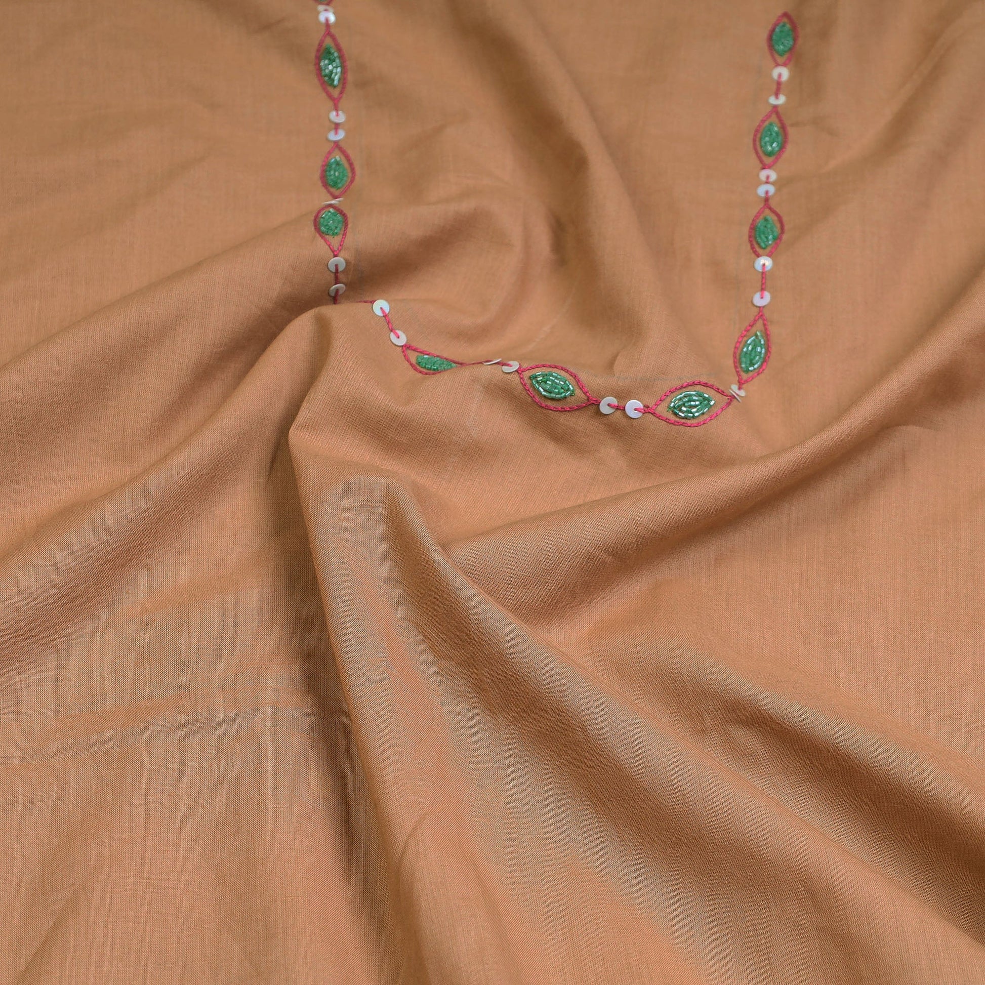 Brown - Hand Embroidery Plain Cotton Kurta Material - 3 Meter