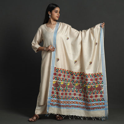 Beige - Madhubani Handpainted Tussar Cotton Handloom Dupatta