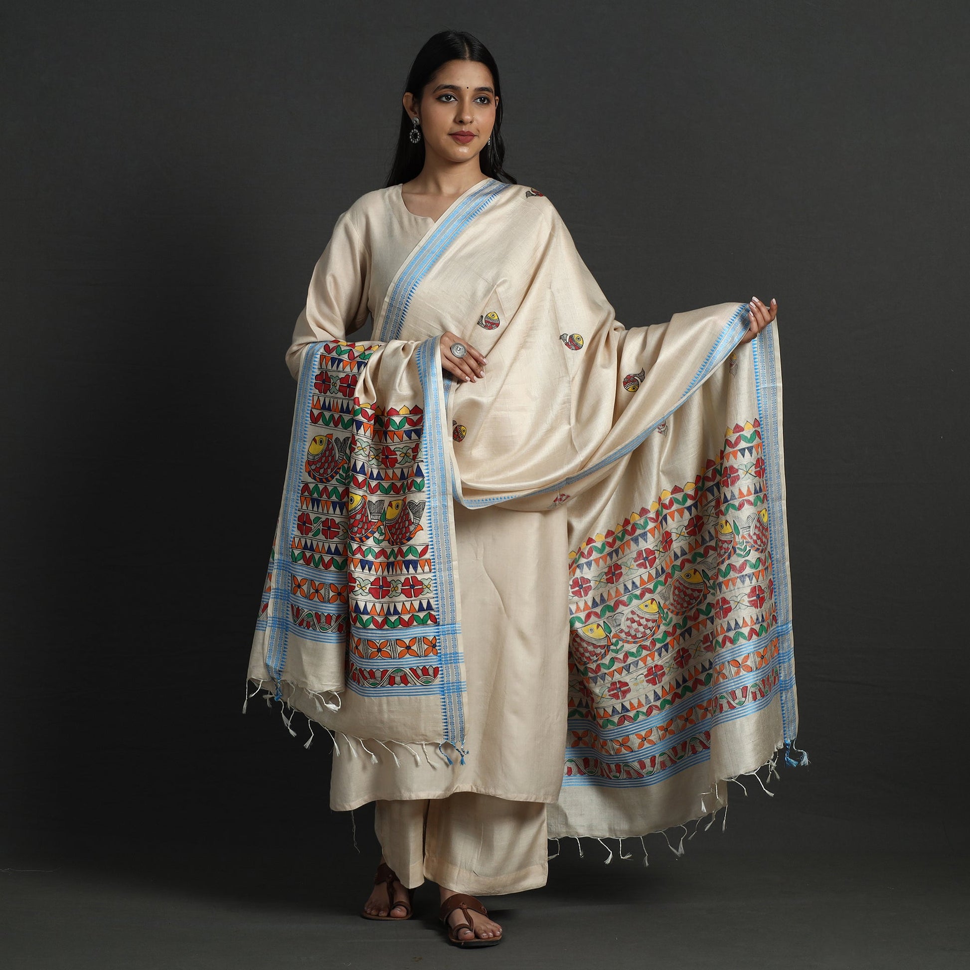 Beige - Madhubani Handpainted Tussar Cotton Handloom Dupatta