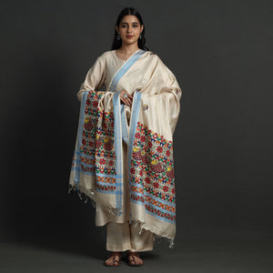 Beige - Madhubani Handpainted Tussar Cotton Handloom Dupatta