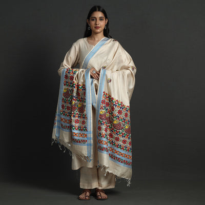 Beige - Madhubani Handpainted Tussar Cotton Handloom Dupatta