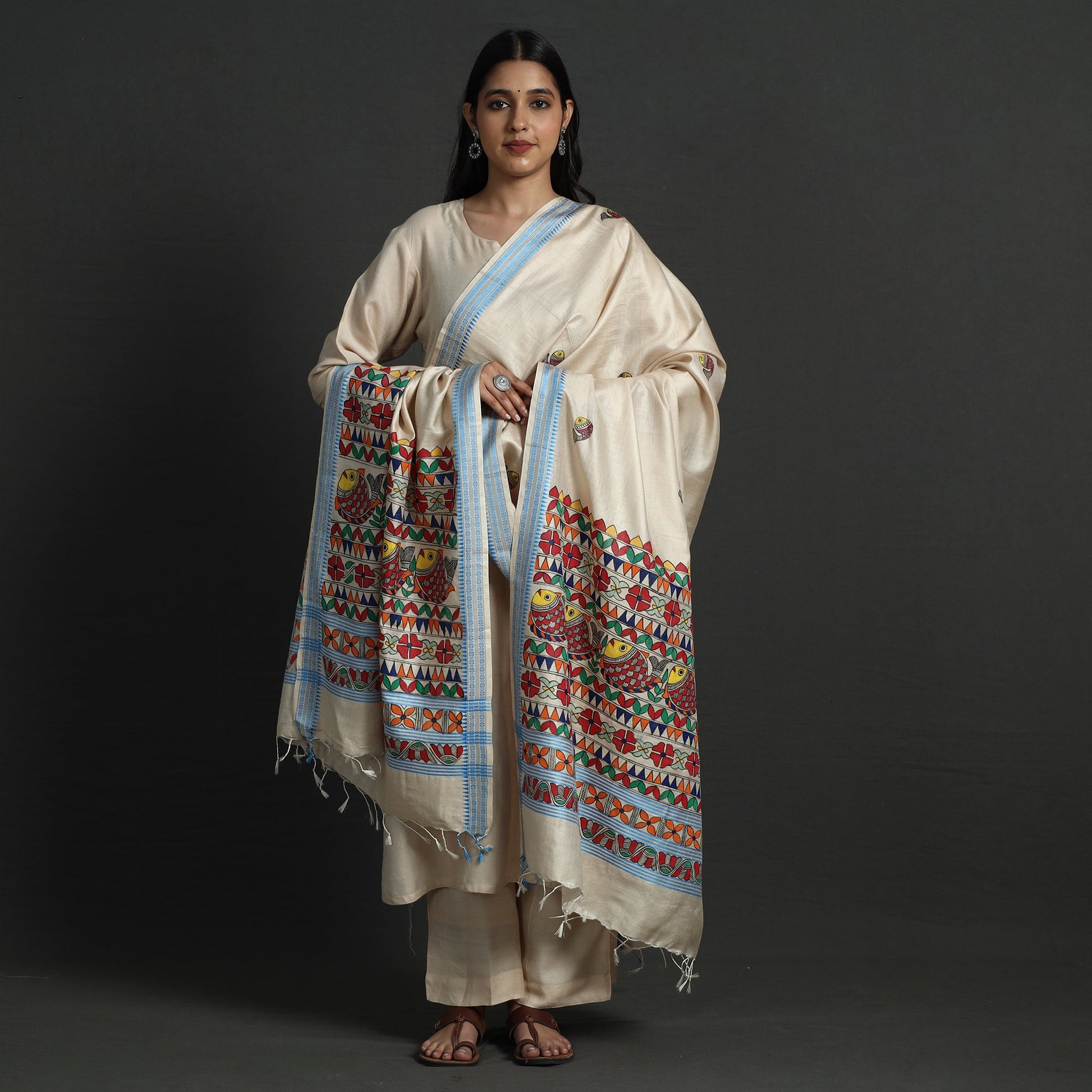 Beige - Madhubani Handpainted Tussar Cotton Handloom Dupatta