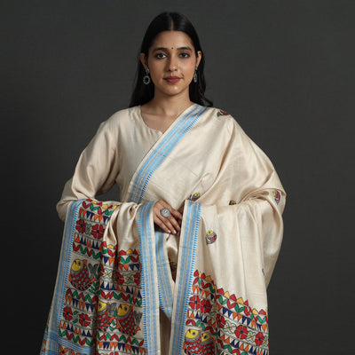 Beige - Madhubani Handpainted Tussar Cotton Handloom Dupatta