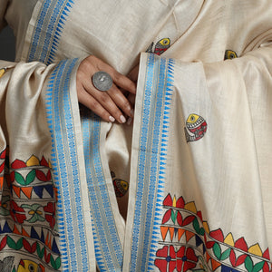 Beige - Madhubani Handpainted Tussar Cotton Handloom Dupatta
