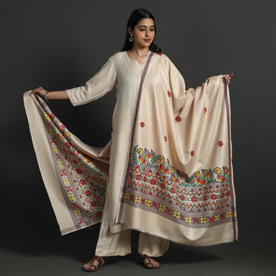 Beige - Madhubani Handpainted Tussar Cotton Handloom Dupatta