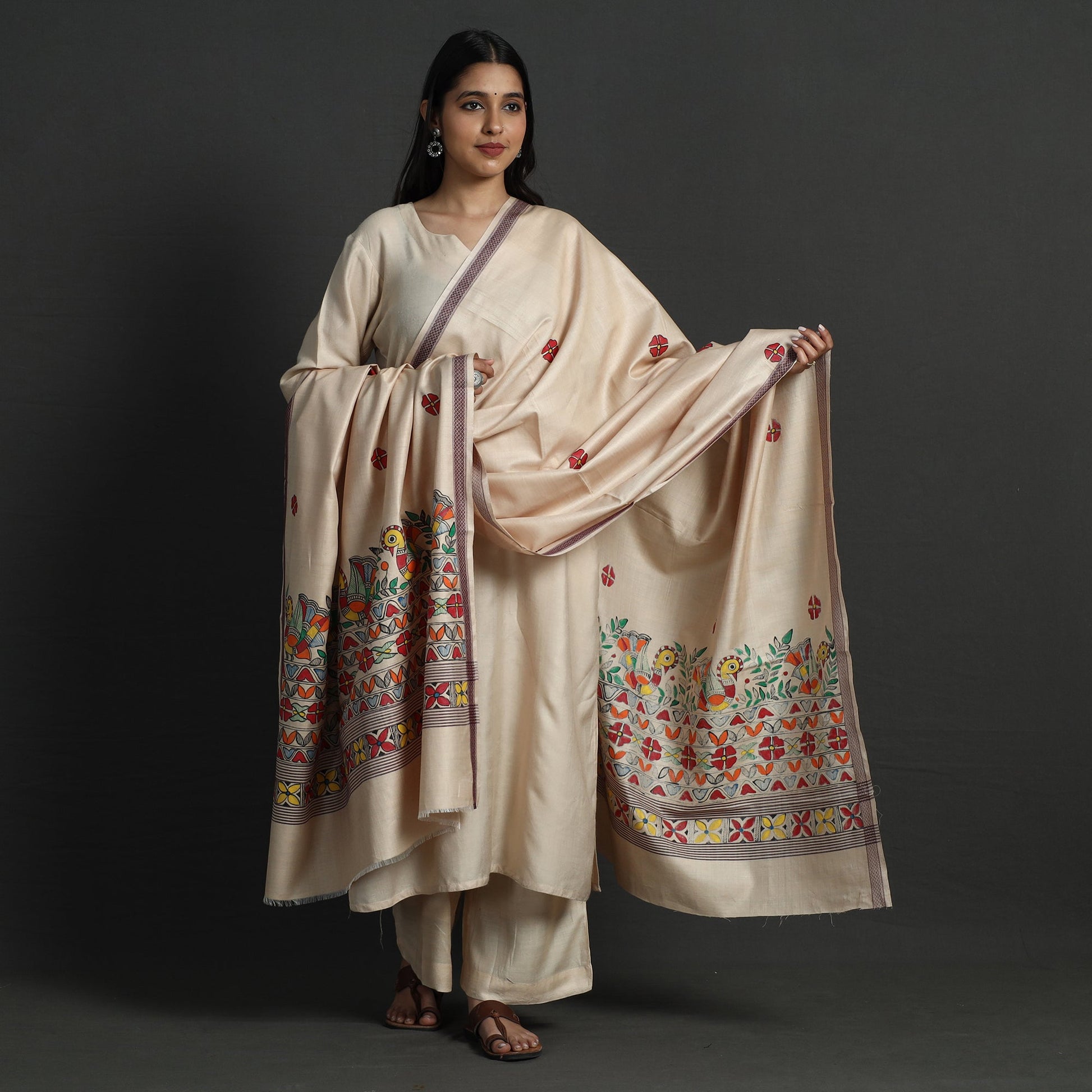 Beige - Madhubani Handpainted Tussar Cotton Handloom Dupatta