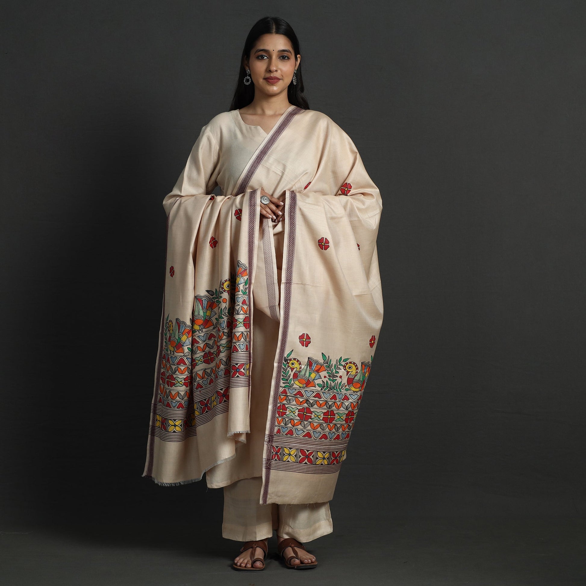 Beige - Madhubani Handpainted Tussar Cotton Handloom Dupatta