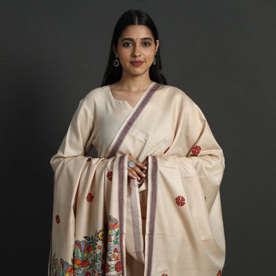 Beige - Madhubani Handpainted Tussar Cotton Handloom Dupatta