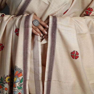 Beige - Madhubani Handpainted Tussar Cotton Handloom Dupatta