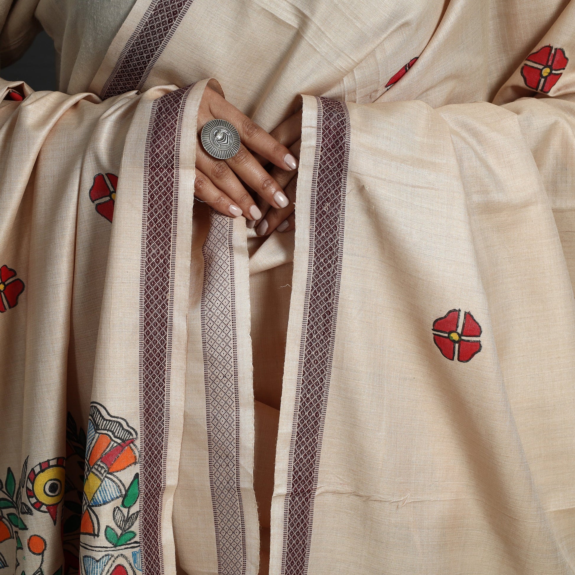 Beige - Madhubani Handpainted Tussar Cotton Handloom Dupatta