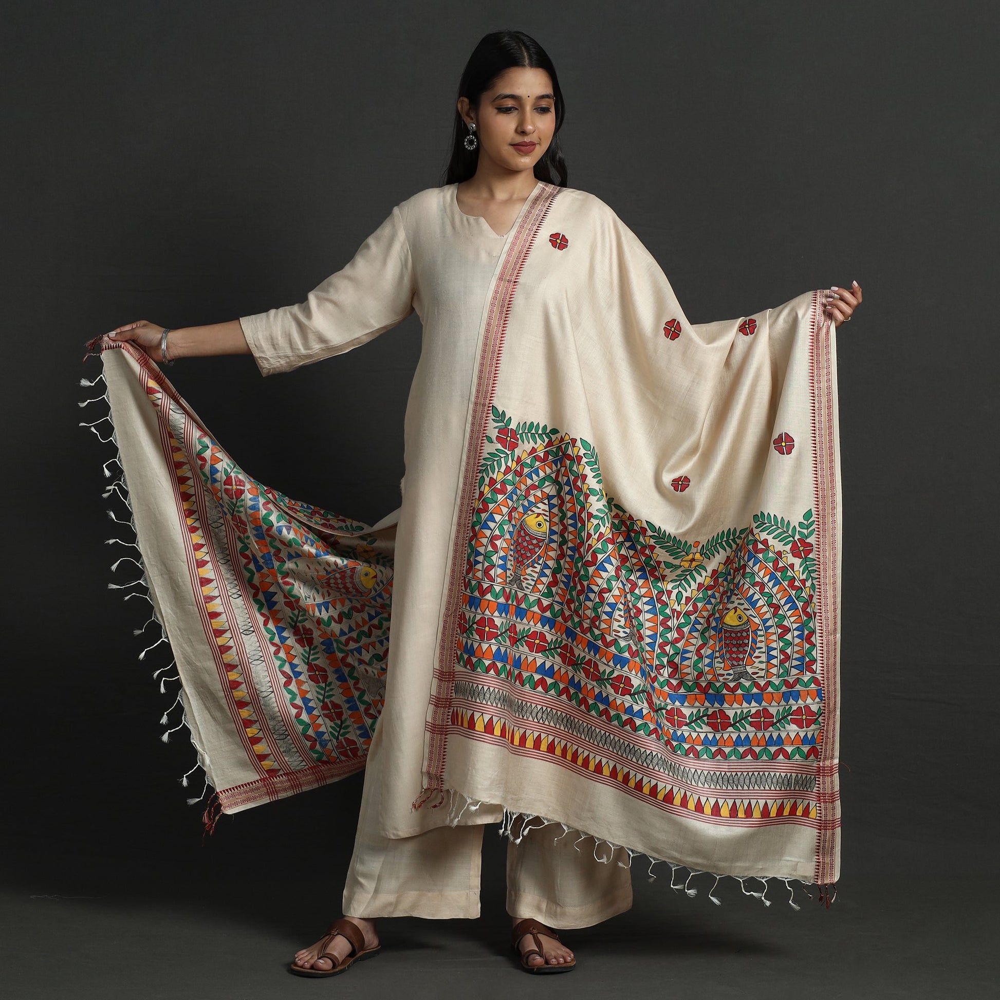Beige - Madhubani Handpainted Tussar Cotton Handloom Dupatta