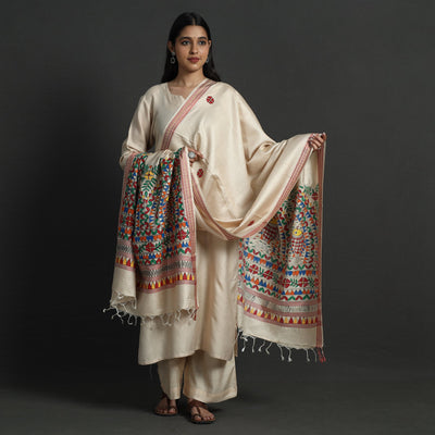 Beige - Madhubani Handpainted Tussar Cotton Handloom Dupatta