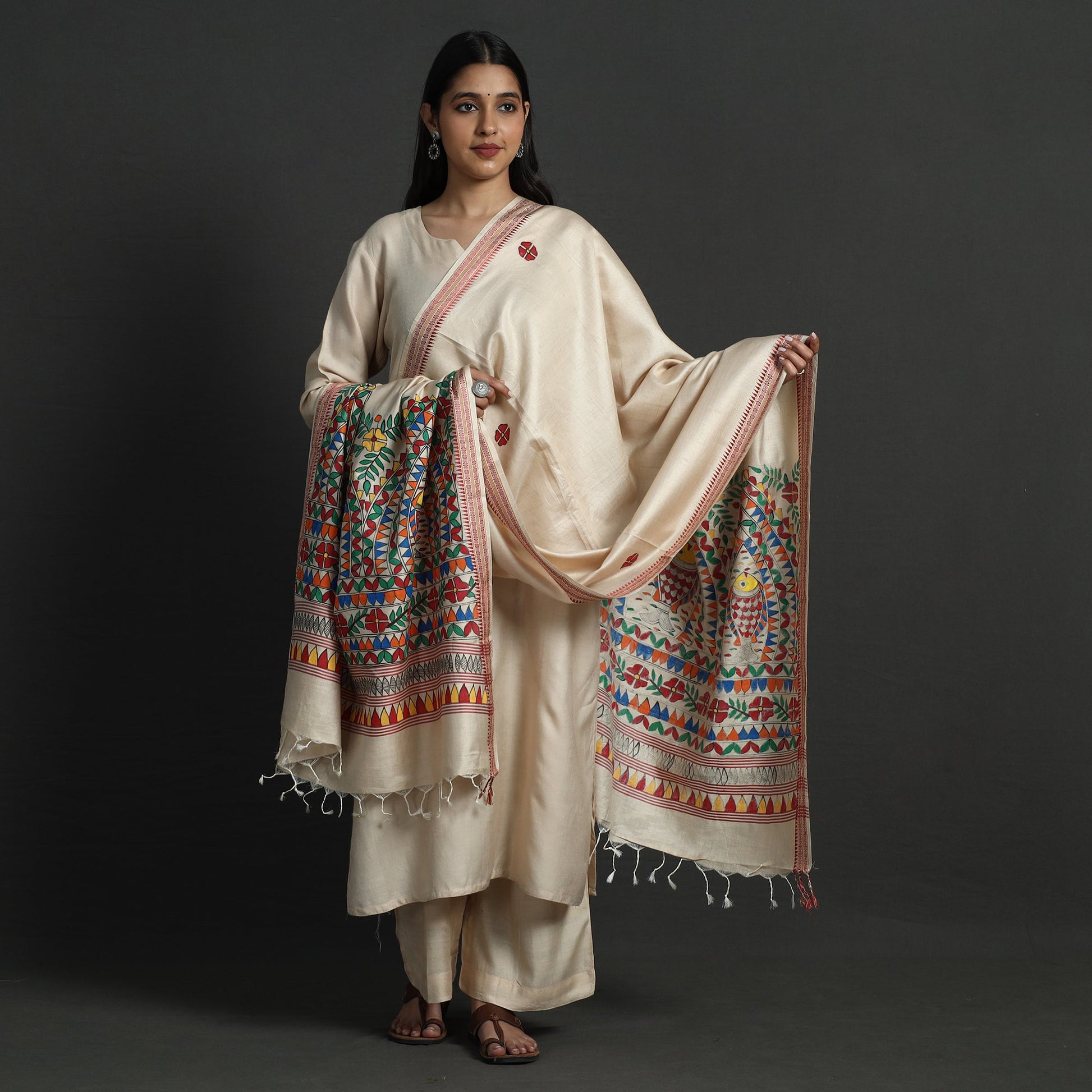 Beige - Madhubani Handpainted Tussar Cotton Handloom Dupatta
