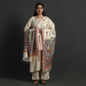 Beige - Madhubani Handpainted Tussar Cotton Handloom Dupatta