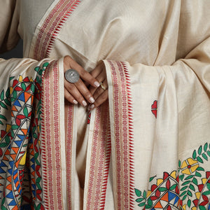 Beige - Madhubani Handpainted Tussar Cotton Handloom Dupatta
