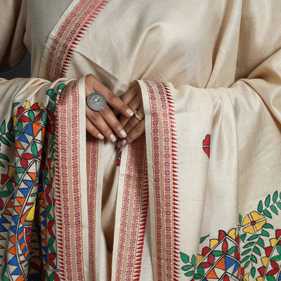 Beige - Madhubani Handpainted Tussar Cotton Handloom Dupatta