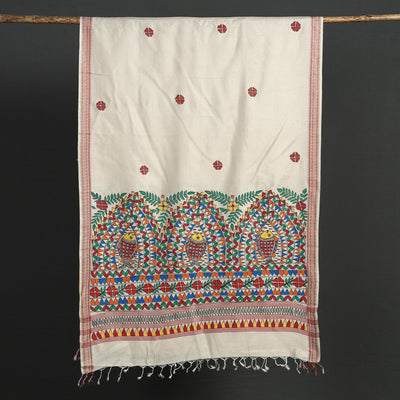 Beige - Madhubani Handpainted Tussar Cotton Handloom Dupatta
