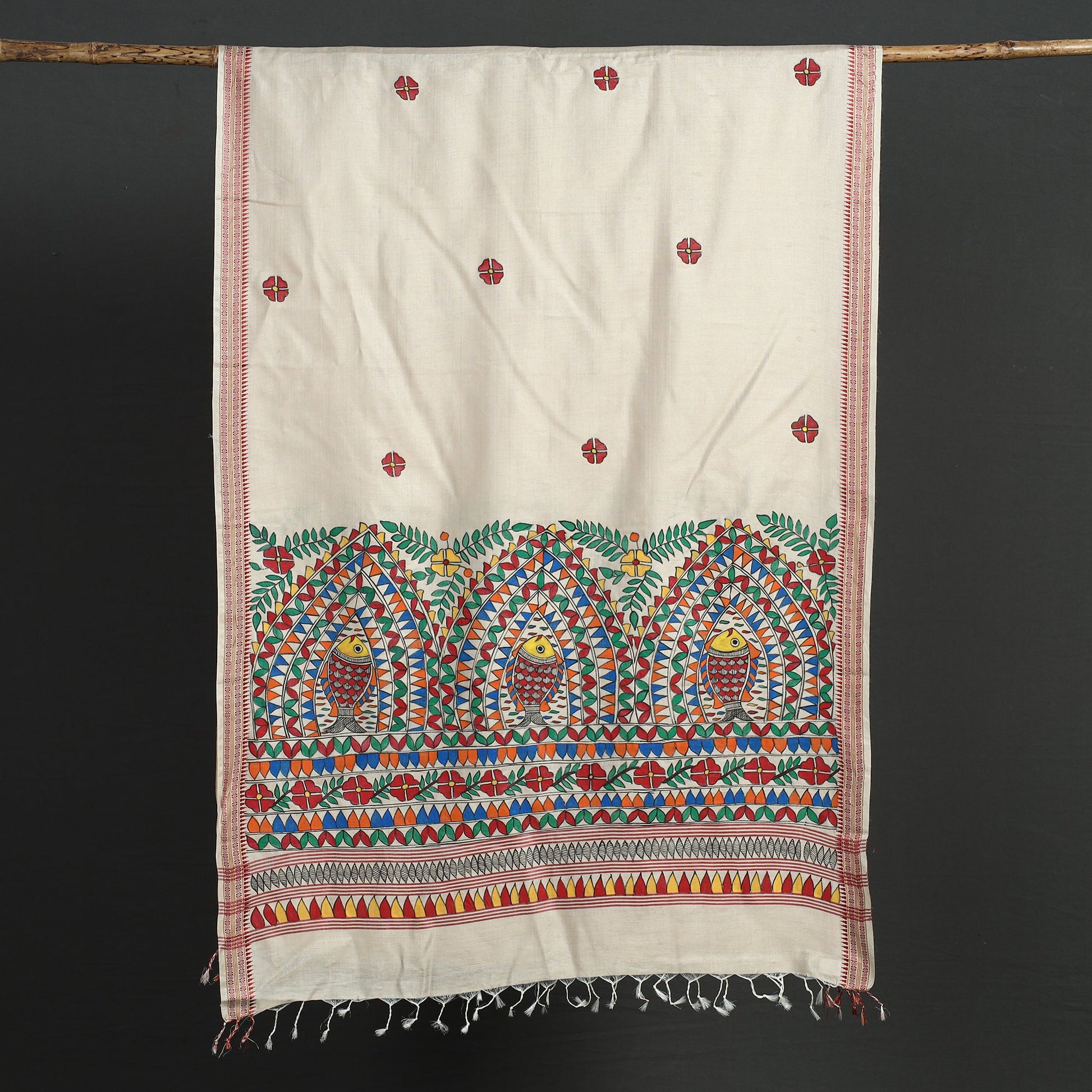 Beige - Madhubani Handpainted Tussar Cotton Handloom Dupatta