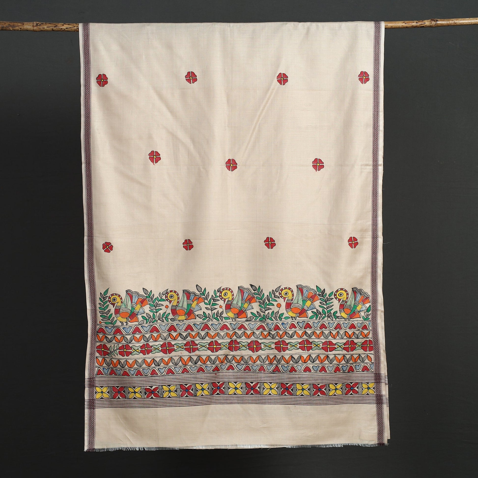 Beige - Madhubani Handpainted Tussar Cotton Handloom Dupatta
