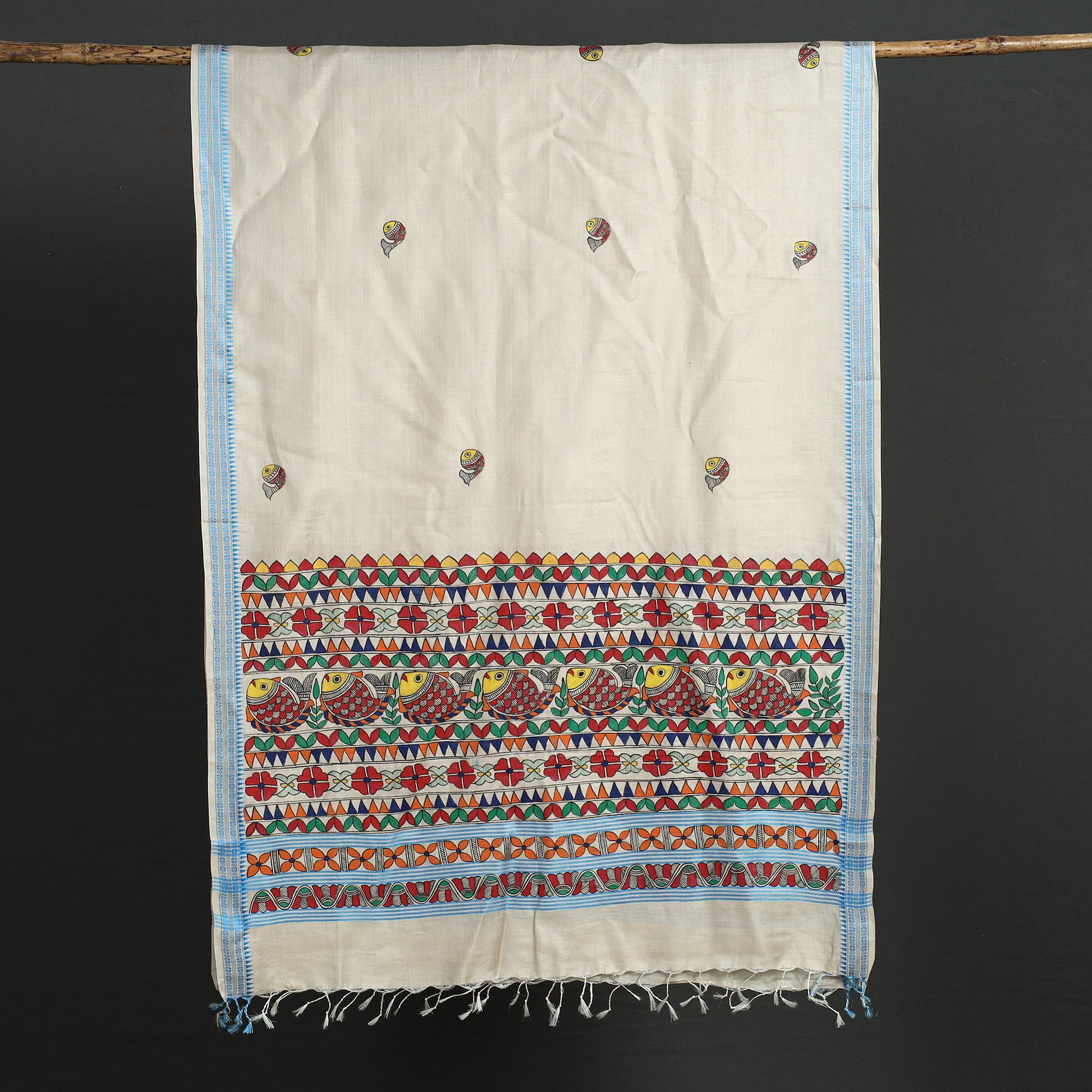 Beige - Madhubani Handpainted Tussar Cotton Handloom Dupatta