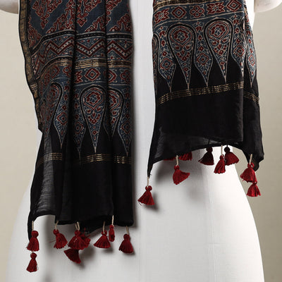 Black - Ajrakh Hand Block Printed Chanderi Silk Handloom Stole with Tassels