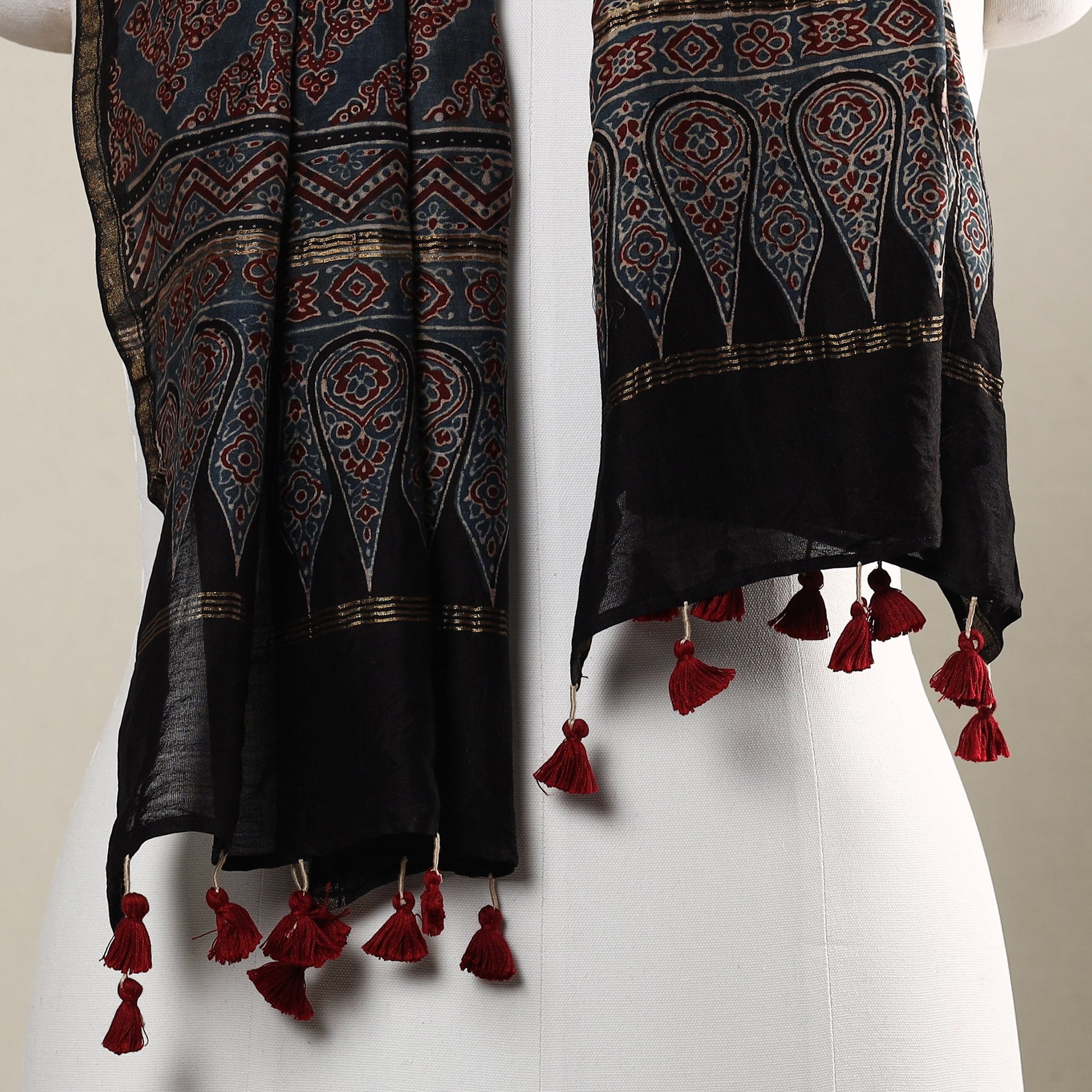 Black - Ajrakh Hand Block Printed Chanderi Silk Handloom Stole with Tassels