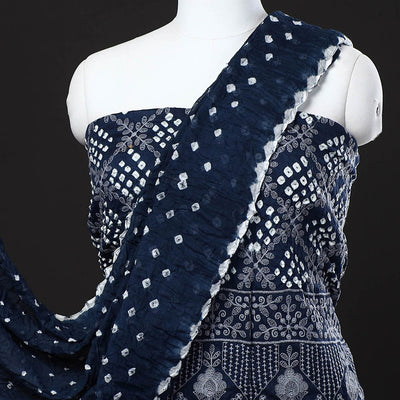 Blue - 3pc Kutch Bandhani Tie-Dye Satin Cotton Suit Material Set