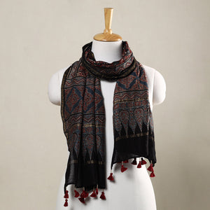 Black - Ajrakh Hand Block Printed Chanderi Silk Handloom Stole with Tassels