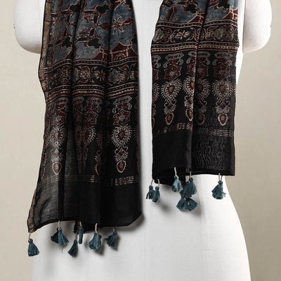 Black - Ajrakh Hand Block Printed Chanderi Silk Handloom Stole with Tassels