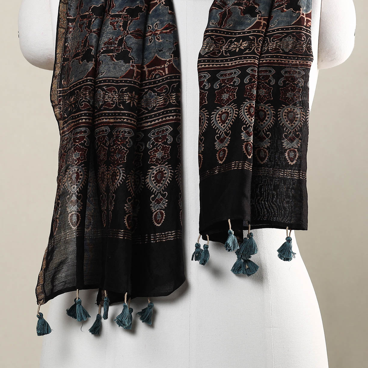 Black - Ajrakh Hand Block Printed Chanderi Silk Handloom Stole with Tassels