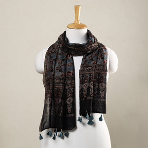 Black - Ajrakh Hand Block Printed Chanderi Silk Handloom Stole with Tassels