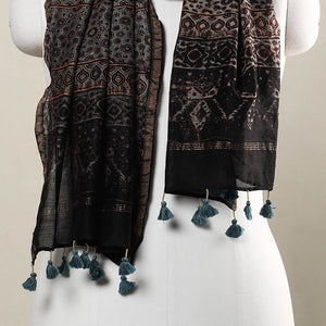 Black - Ajrakh Hand Block Printed Chanderi Silk Handloom Stole with Tassels