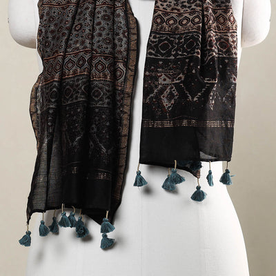 Black - Ajrakh Hand Block Printed Chanderi Silk Handloom Stole with Tassels