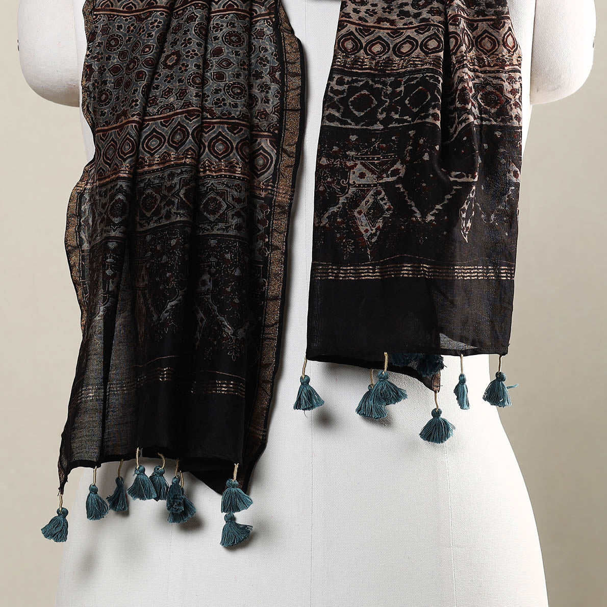 Black - Ajrakh Hand Block Printed Chanderi Silk Handloom Stole with Tassels