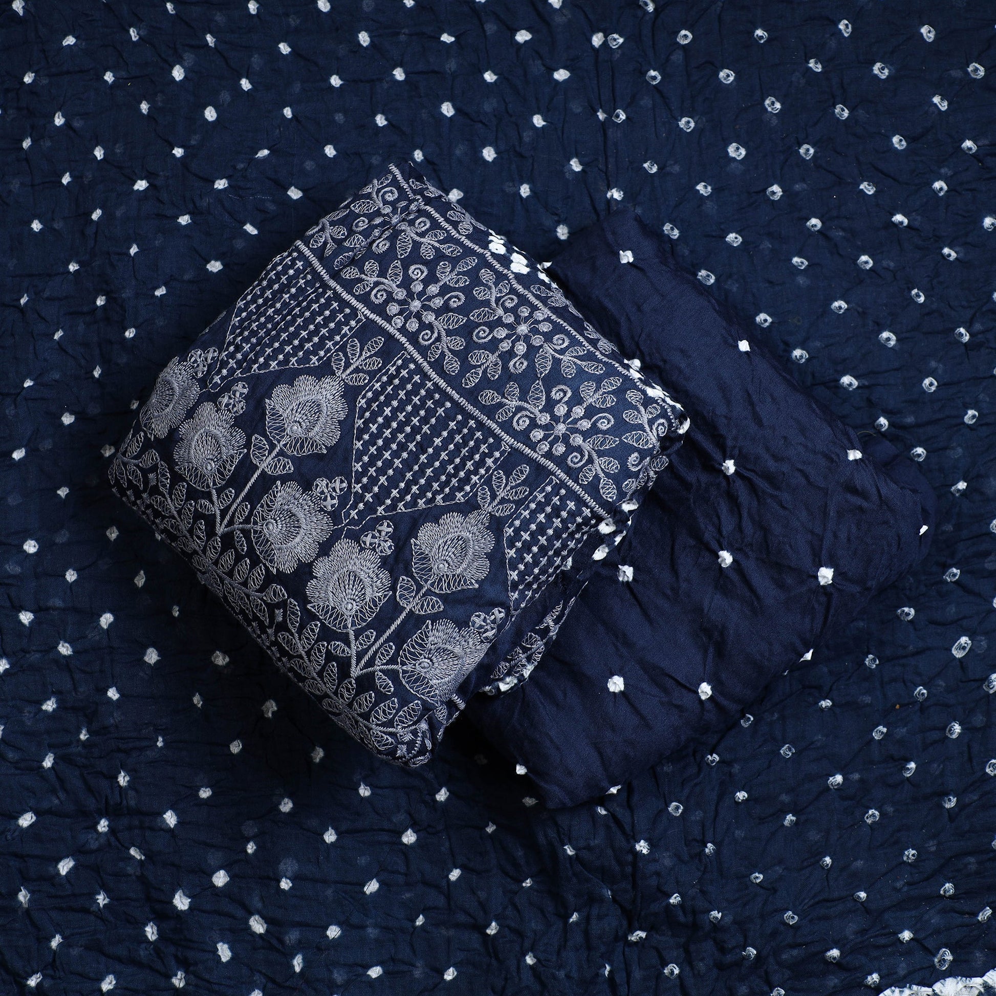 Blue - 3pc Kutch Bandhani Tie-Dye Satin Cotton Suit Material Set