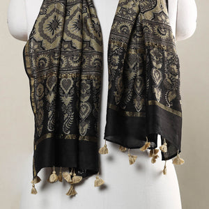 Brown - Ajrakh Hand Block Printed Chanderi Silk Handloom Stole with Tassels