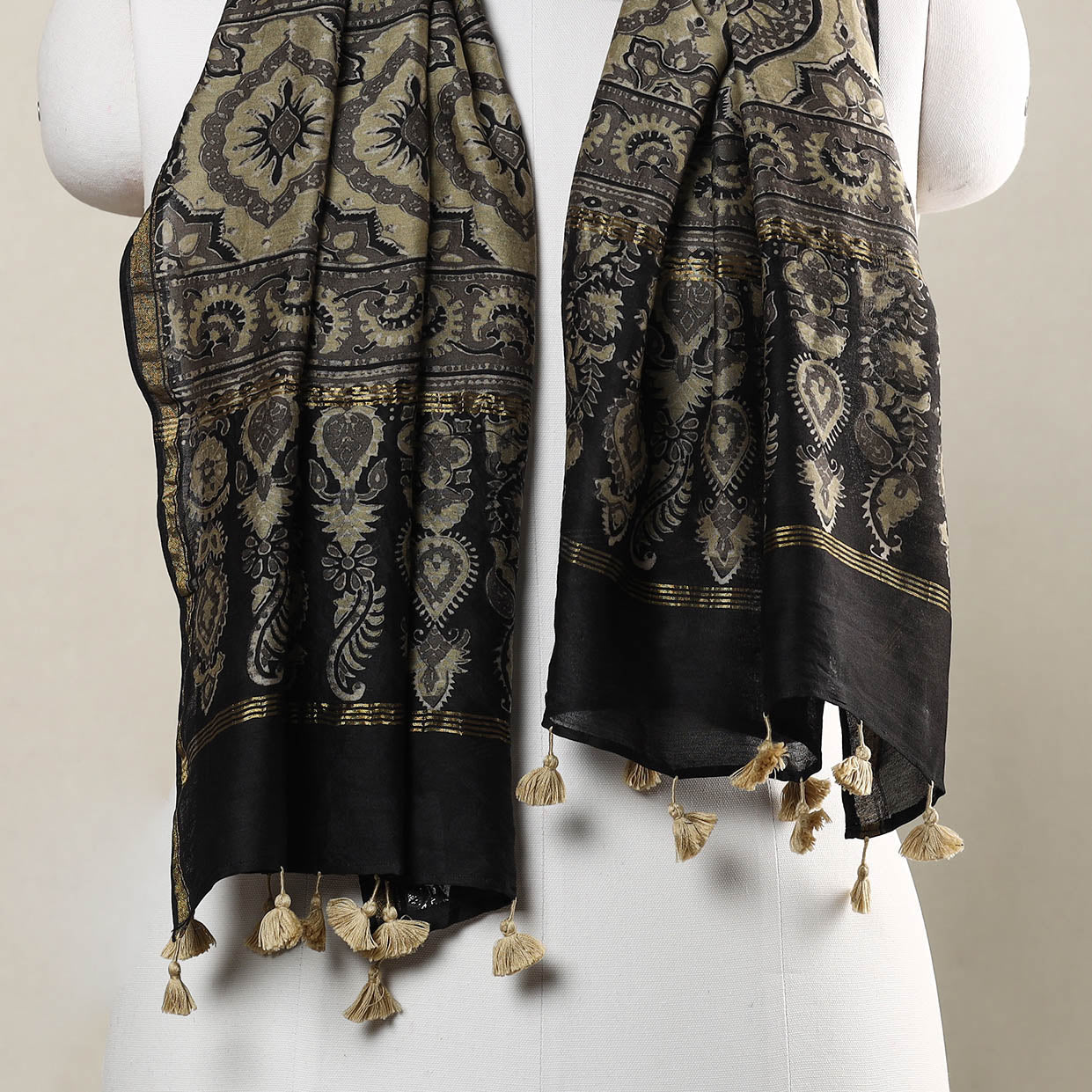 Brown - Ajrakh Hand Block Printed Chanderi Silk Handloom Stole with Tassels