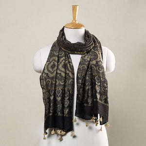Brown - Ajrakh Hand Block Printed Chanderi Silk Handloom Stole with Tassels