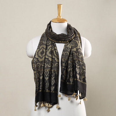 Brown - Ajrakh Hand Block Printed Chanderi Silk Handloom Stole with Tassels