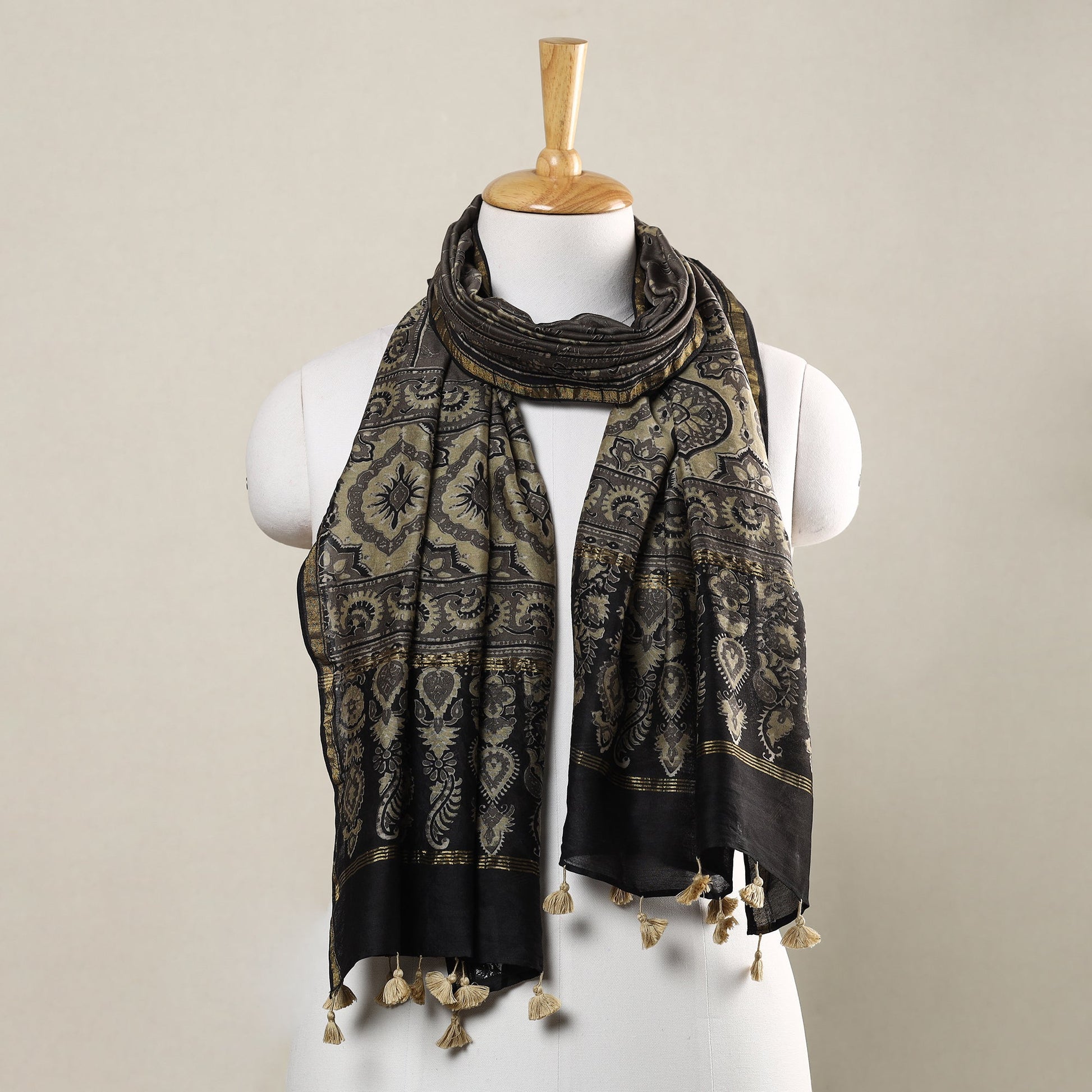 Brown - Ajrakh Hand Block Printed Chanderi Silk Handloom Stole with Tassels