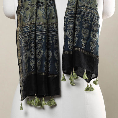 Blue - Ajrakh Hand Block Printed Chanderi Silk Handloom Stole with Tassels