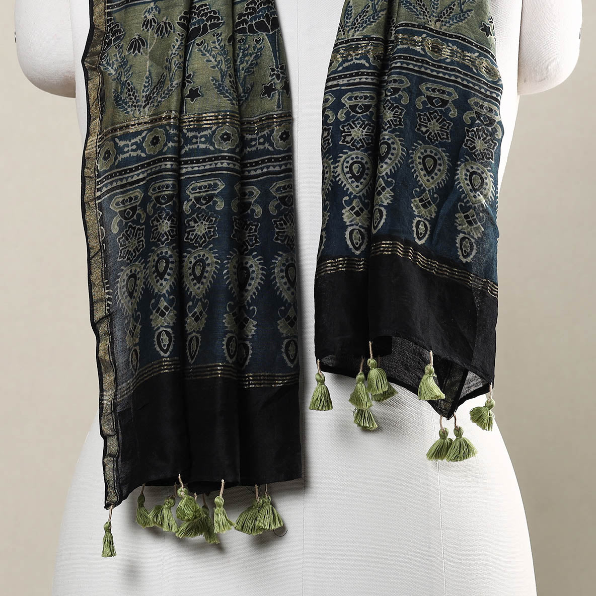 Blue - Ajrakh Hand Block Printed Chanderi Silk Handloom Stole with Tassels
