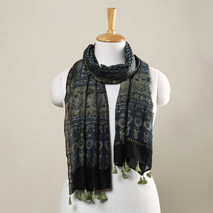 Blue - Ajrakh Hand Block Printed Chanderi Silk Handloom Stole with Tassels
