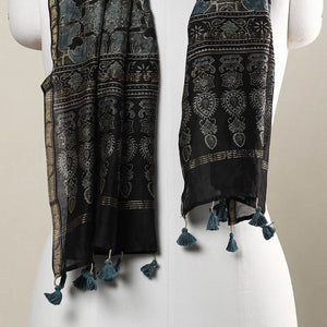 Black - Ajrakh Hand Block Printed Chanderi Silk Handloom Stole with Tassels