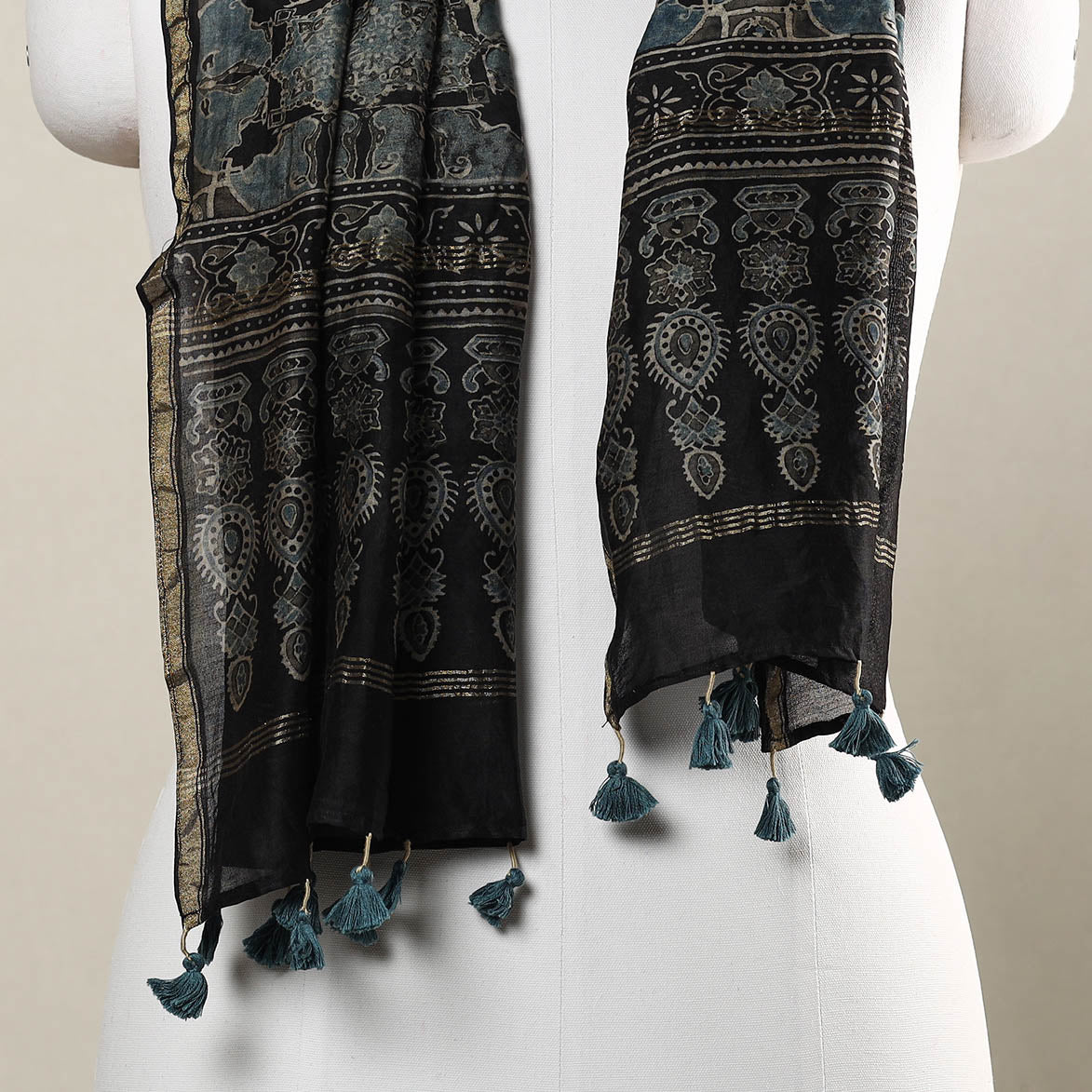 Black - Ajrakh Hand Block Printed Chanderi Silk Handloom Stole with Tassels