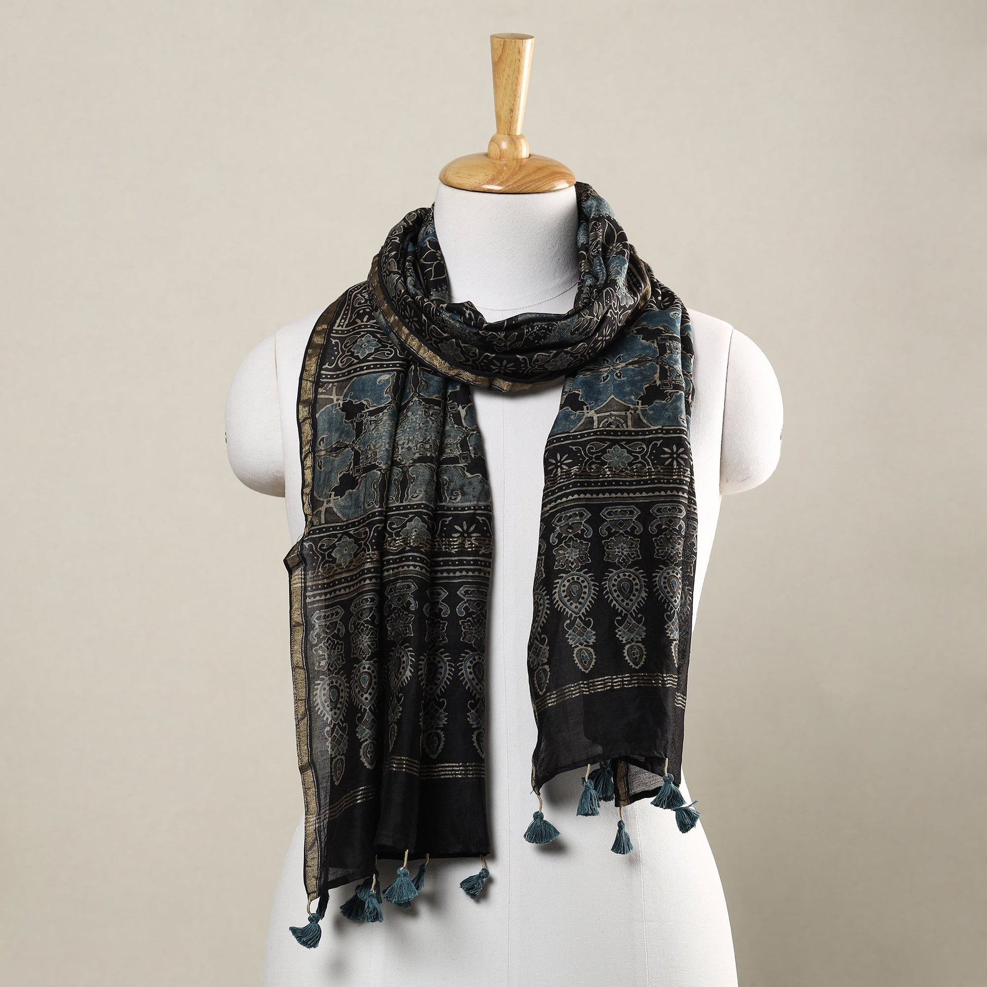 Black - Ajrakh Hand Block Printed Chanderi Silk Handloom Stole with Tassels