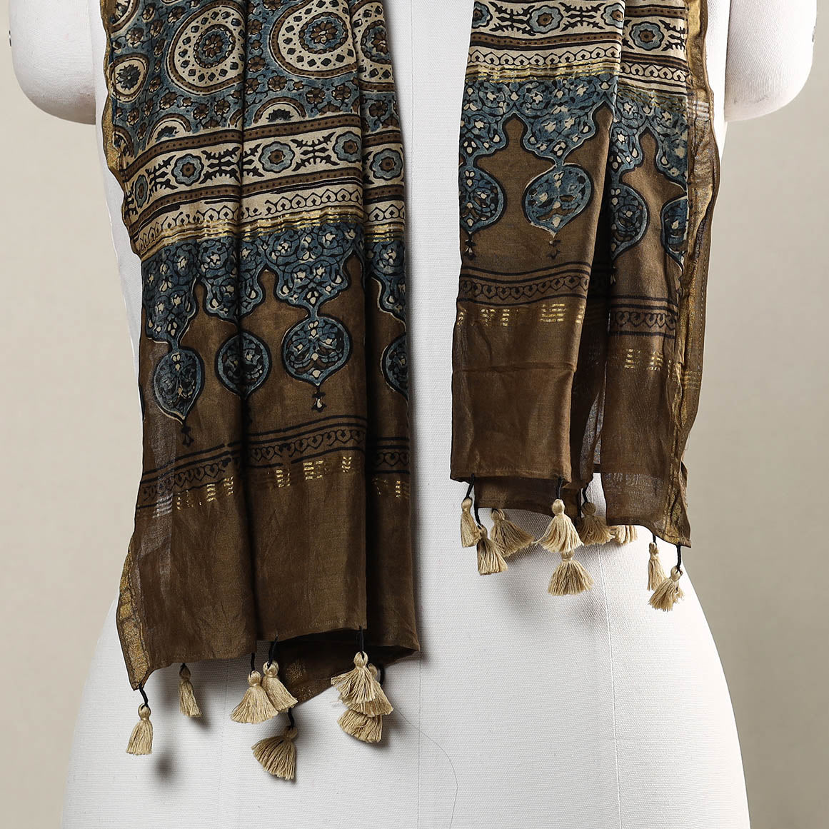Brown - Ajrakh Hand Block Printed Chanderi Silk Handloom Stole with Tassels