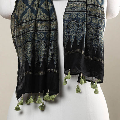 Blue - Ajrakh Hand Block Printed Chanderi Silk Handloom Stole with Tassels