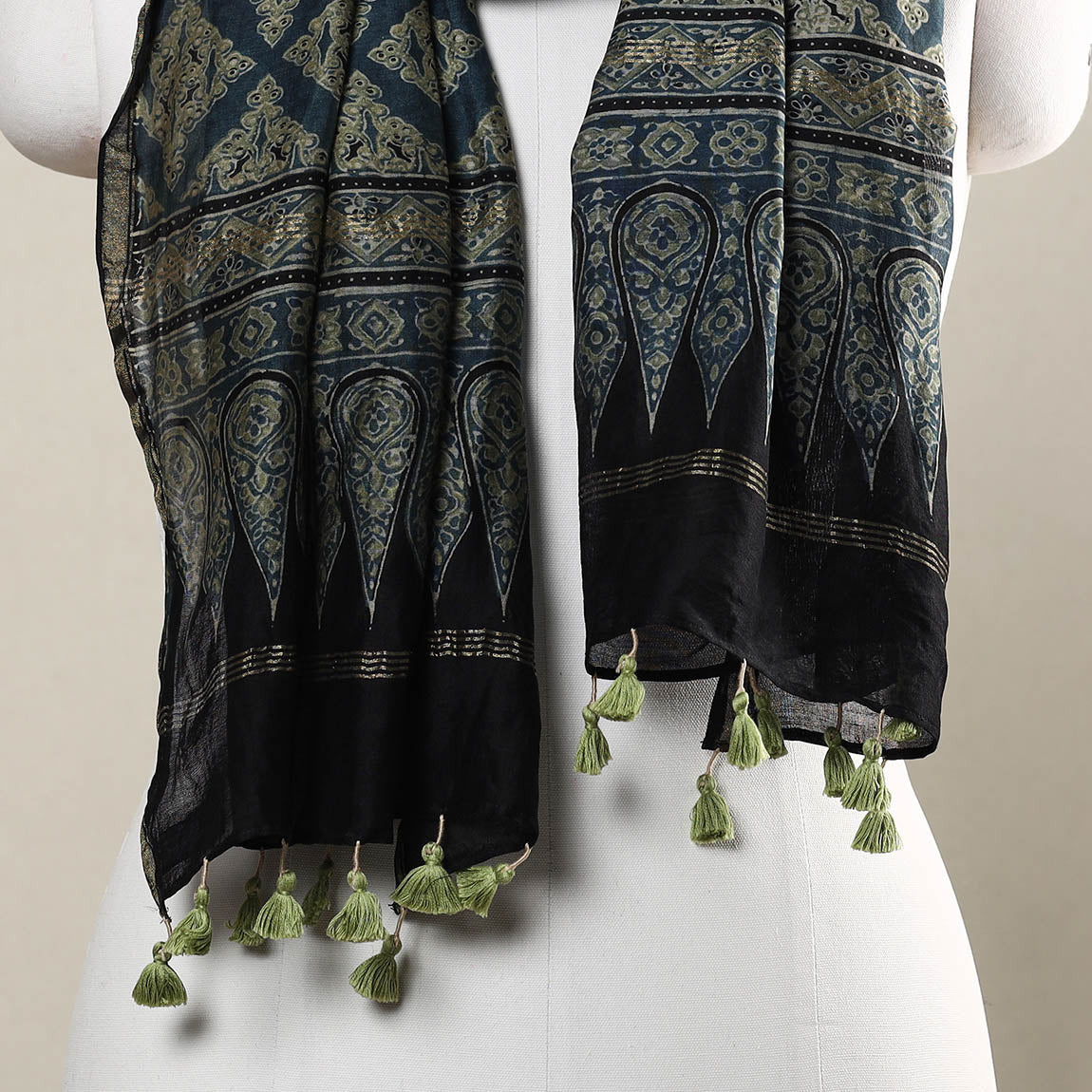 Blue - Ajrakh Hand Block Printed Chanderi Silk Handloom Stole with Tassels